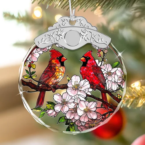 Vista 7 de Adornos de Navidad – Pájaros Cardenales y Flores Ornamento de Vidrio Emplomado – Decoración Navideña – Adornos para Árbol de Navidad – Regalos