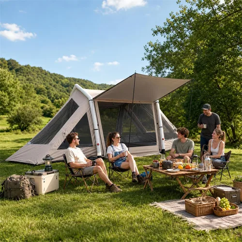 Vista 10 de Tienda de campaña inflable para campamento, instalación rápida con bomba, tienda de campaña Oxford impermeable de 4 estaciones con tragaluz, tienda