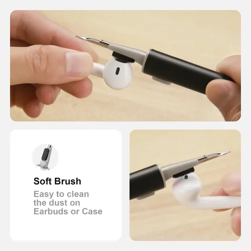 Vista 4 de Kit limpiador para Airpods Pro 1 2 3 pluma de limpieza multifunción con cepillo suave esponja flocado para auriculares Bluetooth, herramientas