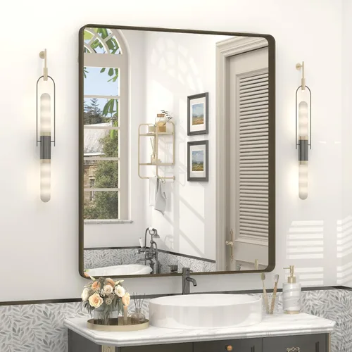 Vista 39 de Espejo rectangular para pared de baño de 20x30 pulgadas con marco negro mate, espejo de tocador con esquinas redondeadas, espejo de baño de metal