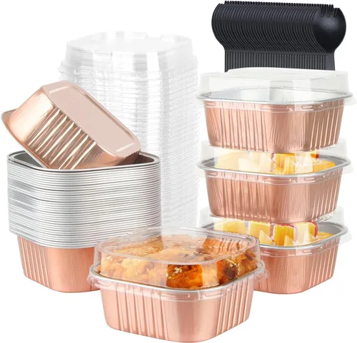 Vista 11 de LNYZQUS Moldes para Mini Pasteles de Cupcake de 5 oz con Tapas, Paquete de 40, Moldes de Papel de Aluminio para Cupcakes, Moldes para Hornear