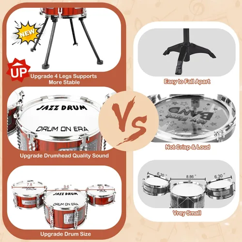 Vista 2 de Juego de Batería para Niños, Juguetes Musicales, Juego de Tambores para Niños Pequeñas de 3 a 5 Años, Kit de Tambores Jazz con Taburete, 3 Tambores