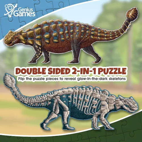 Vista 3 de Ankylosaurus - Rompecabezas de dinosaurio Rompecabezas de piso de doble cara de 100 piezas con esqueleto que brilla en la oscuridad en el otro