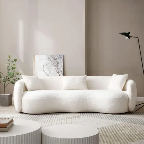 Vista 3 de Sofá curvo de 93.6 pulgadas para sala de estar, moderno sofá nube de 4 plazas, cómodo sofá tapizado de mediados de siglo con almohadas para espacios