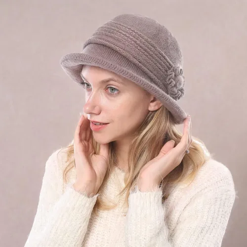 Vista 39 de C-US - Gorro de punto cálido para mujer, con visera de ganchillo con acento de flores