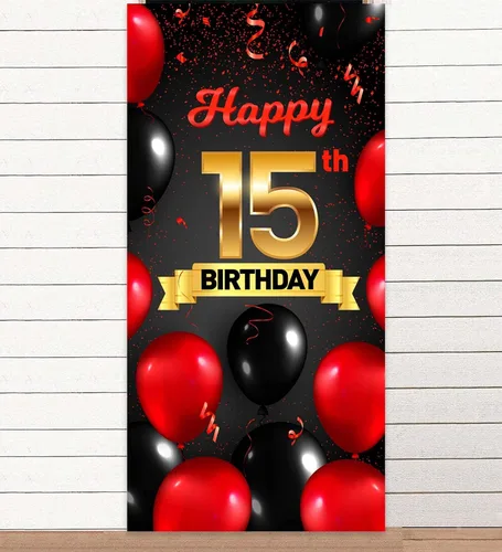 Vista 2 de Cartel de feliz cumpleaños 15 cumpleaños rojo y negro telón de fondo para cabina de fotos, globos de vítores a 15 años de edad, decoración temática