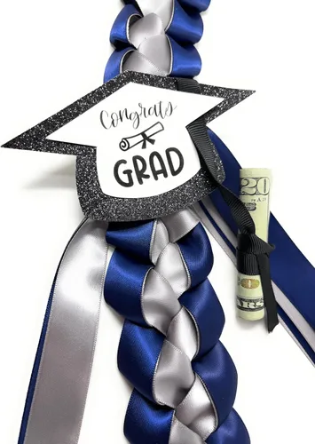 Vista 3 de Leis de graduación con soporte para dinero (azul marino, plateado)