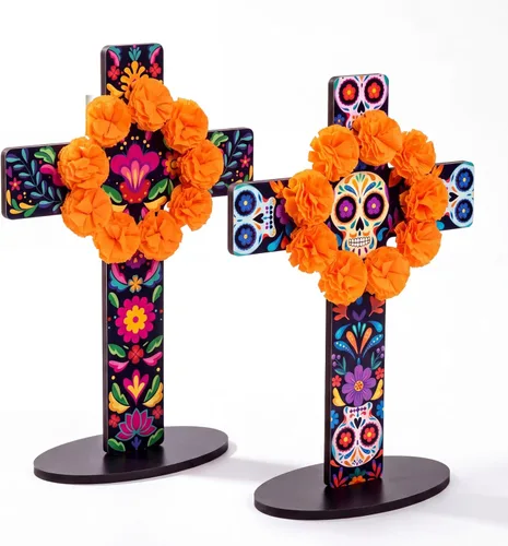 Vista 12 de Pinkunn 2 piezas de decoración de pared con cruz floral mexicana, arte de pared mexicano pintado a mano, decorativo, inspirador, cruz floral