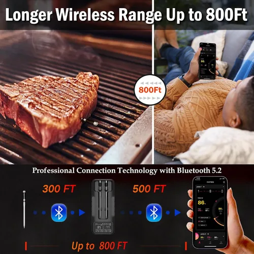 Vista 2 de Termómetro inalámbrico de carne de 800 pies con 2 sondas más delgadas mejoradas, termómetro digital para barbacoa, inalámbrico con pantalla LCD