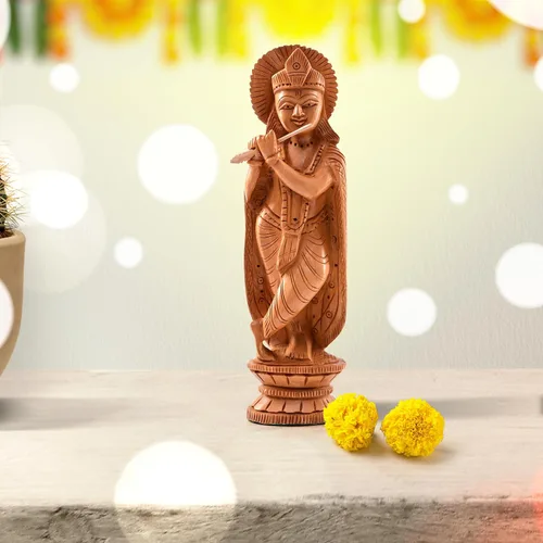 Vista 2 de Estatua india de madera, ídolo, murti, para decoración de escritorio del templo del hogar, Pooja, regalo (Krishna, 6 pulgadas)