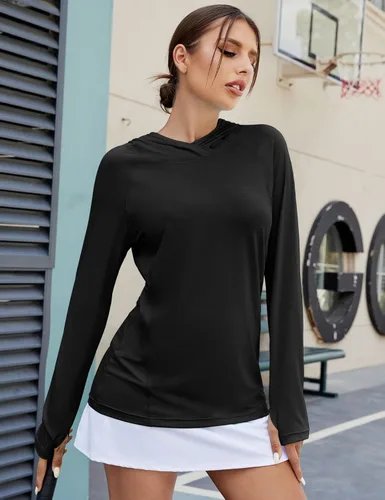 Vista 5 de LUYAA Sudadera con capucha para mujer, con protección solar UPF 50+, transpirable, elástica, de manga larga, para correr, entrenamiento al aire libre