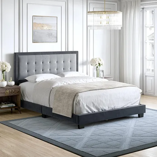 Vista 22 de Boyd Sleep Pisa - Base de cama de terciopelo azul tamaño Queen totalmente tapizada con cabecero ajustable, no requiere somier, fácil montaje, sin