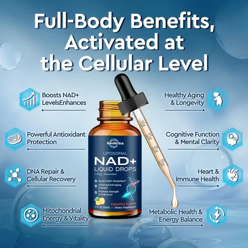 Vista 3 de Suplemento liposomal NAD – 1200 mg NAD+ gotas líquidas para mujeres y hombres, ribósido de nicotinamida con resveratrol, PQQ, CoQ10, quercetina