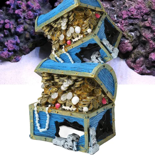 Vista 4 de Tnfeeon Adorno de cofre del tesoro del acuario - Escondite de decoración de peces de resina