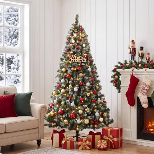 Vista 8 de 6.5 ft Prelit Snow Flocked Christmas Tree, Artificial Pine Tree with Red Berries & Pine Cones, 880 Branch Tips, Hinged Branches, Easy Assembly, Fire