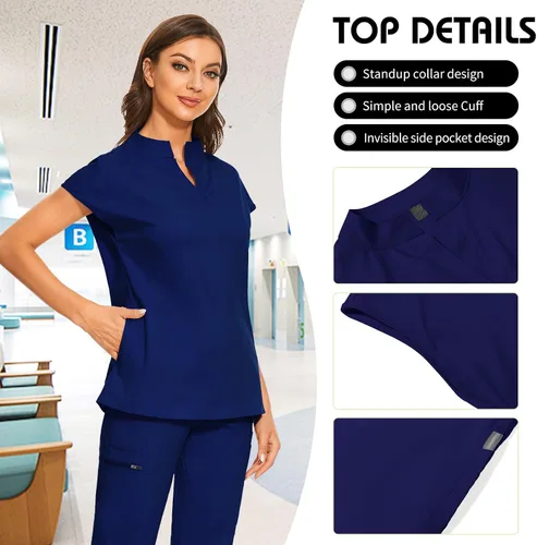 Vista 2 de VIAOLI Conjunto de uniforme médico para mujer con cuello en V y pantalón deportivo y 8 bolsillos para enfermería y trabajo clínico