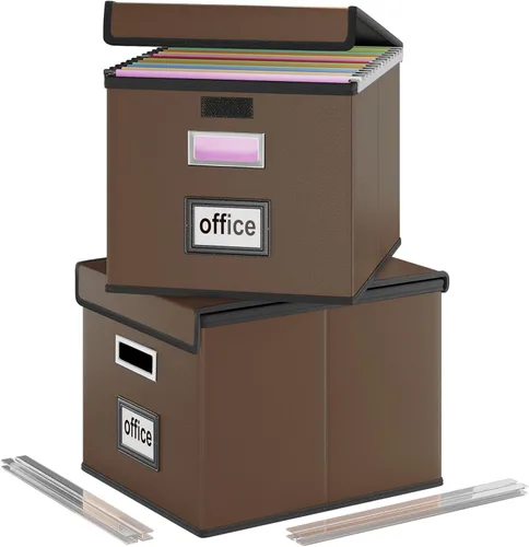 Vista 45 de Caja organizadora de archivos Huolewa con tapa, caja organizadora de carpetas de archivos colgantes de cuero sintético plegable con deslizadores