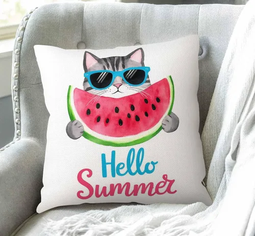 Vista 3 de Swono Hello Summer - Funda de almohada decorativa con diseño de gato en acuarela con lentes de sol comiendo sandía, funda de almohada de lino