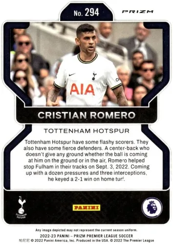 Vista 2 de 2022-23 PANINI PRIZM PREMEIR LEAGUE PRIZMS GREEN PULSAR #294 CRISTIAN ROMERO TOTTENHAM HOTSPUR SOCCER OFFICIAL TRADING CARD OF THE PRO