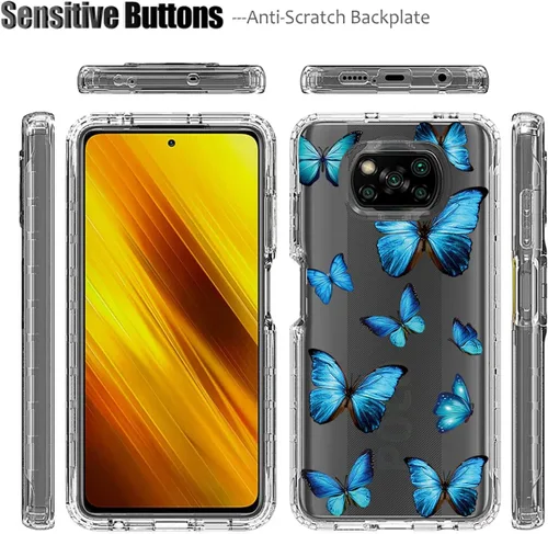 Vista 5 de Funda para Poco X3 NFC/Poco X3 Pro/Poco X3 con protector de pantalla de vidrio templado, patrón de mariposa transparente de cuerpo completo, funda