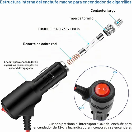 Vista 4 de Adaptador de enchufe de encendedor de cigarrillos de 12 V resistente con interruptor e indicador LED rojo para coche camión moto