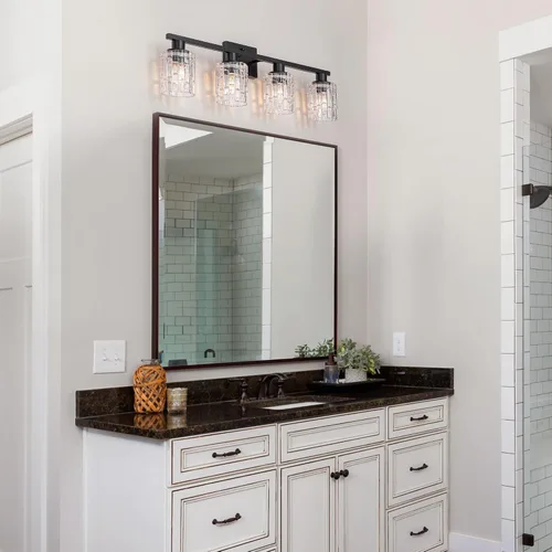 Vista 8 de Lámpara de tocador de baño de 4 luces negras mate, iluminación moderna de tocador con pantalla de vidrio de cristal, accesorios de iluminación