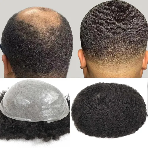 Vista 10 de HAPPY&CC Manejar cabello afro unidad negro hombres cabello humano toupee peluca francesa encaje pieza de pelo sistema de reemplazo para hombres #1