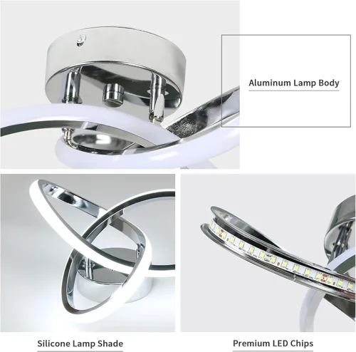 Vista 4 de Lámpara de Techo LED Moderna, Lámpara de Techo de 22W LED 6500K Blanco Frío Diseño Espiral para Pasillo de Corredor Balcón Cocina (Plateado)