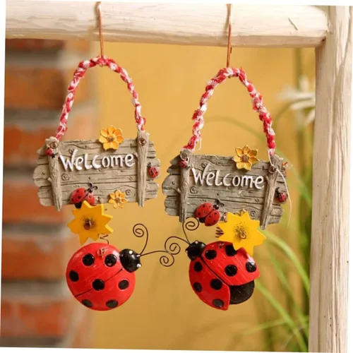 Vista 7 de Seven Star Ladybug - Letrero colgante de resina para puerta con cuerda, placa decorativa de bienvenida para puerta delantera, interior, hogar