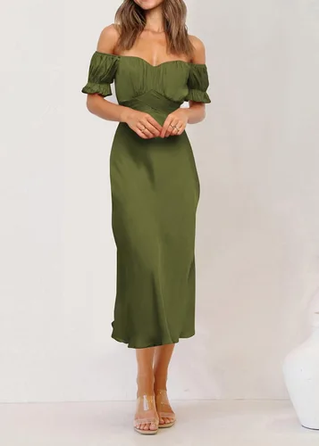 Vista 2 de KIRUNDO Vestido midi de satén para mujer, con hombros descubiertos, fruncido, fruncido, para boda, fiesta, cóctel, formal, 2023
