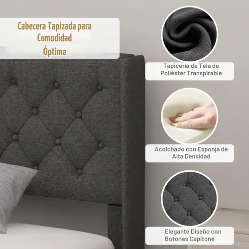 Vista 5 de GIANTEX - Base de cama individual para niños, cama tapizada de tela moderna con cabecera capitoné con botón de alas en la parte trasera, listones