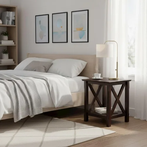 Vista 2 de Furnifact Mesa auxiliar, acabado marrón, paneles estilo X, estante de almacenamiento inferior, madera sólida/compuesta, capuchino, mesa de acento