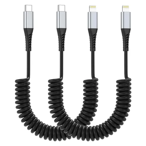 Vista 8 de Cable Lightning en espiral, paquete de 2 cables retráctiles para cargador de iPhone en el coche, cable USB a Lightning de carga rápida, compatible