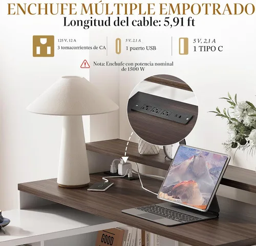 Vista 5 de Escritorio ejecutivo en forma de L de 67 pulgadas con cajones y estante de almacenamiento, escritorio de esquina para computadora con tomas