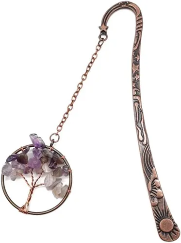 Vista 5 de Marcapáginas de metal con diseño de árbol de la vida, 7 chakras, ágata roja, piedras caídas, marcapáginas
