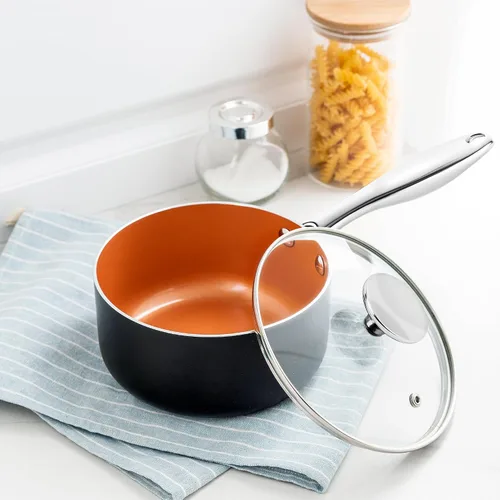 Vista 5 de MICHELANGELO Cacerola de 1 cuarto de galón con tapa, sartén antiadherente de cerámica con tapa, olla pequeña con tapa, cacerola de 1 cuarto de galón