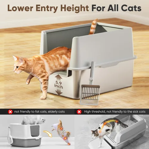 Vista 4 de Caja de arena de acero inoxidable de 16 pulgadas de alto con tapa, caja de arena de metal cerrada XL XXL extra grande para gatos grandes y gatitos