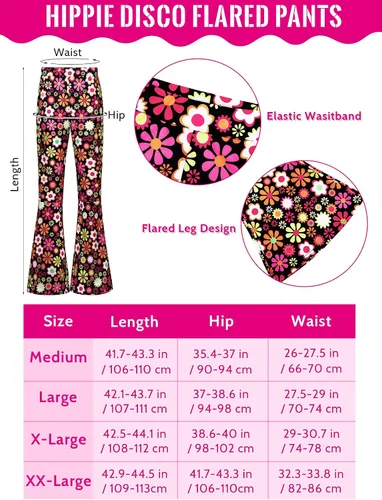 Vista 3 de Paquete de 8 disfraces hippie de los años 70 para mujer, manga superior, pantalones bohemios, acampanados, accesorios para disfraz de Halloween