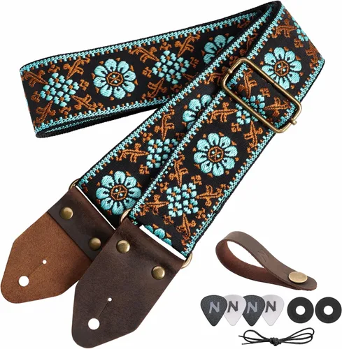 Vista 19 de Nefelibata Correa de guitarra, correas de guitarra de algodón bordado jacquard con extremos de cuero de caballo loco para bajo, eléctrico