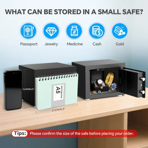 Vista 3 de Caja fuerte pequeña para el hogar, 6.7 pulgadas de profundidad x 9 pulgadas de ancho x 6.7 pulgadas de alto, caja de seguridad electrónica con Negro