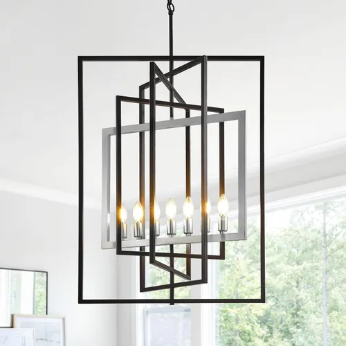 Vista 14 de Candelabro de granja negro, accesorios de luz colgante de farol de 7 luces, accesorios de iluminación de vestíbulo industrial rústico, candelabros