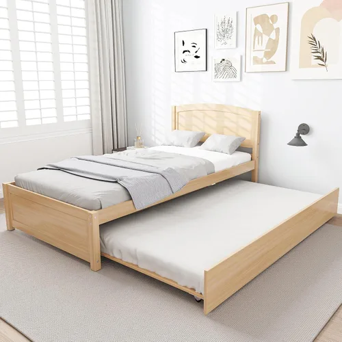 Vista 3 de Cama nido individual, marco de cama extraíble de madera maciza, cama de día extensible con cabecera y soporte de listones de madera sólida Natural