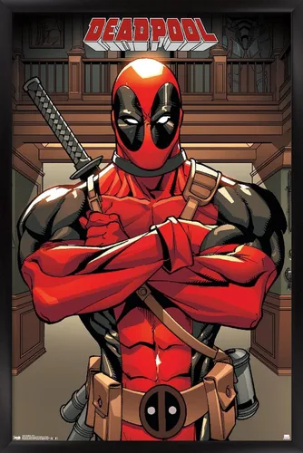 Vista 7 de Trends International Marvel Comics Deadpool - Póster de pared de postura, 14.725 x 22.375 pulgadas, versión enmarcada de madera de granero