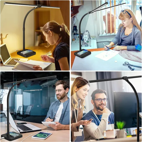Vista 8 de ShineTech - Lámpara de escritorio LED de 24 W, doble cabezal con carga inalámbrica 25 Lighting Modes, USB Port, Dual Swing Arm, Eye-Caring