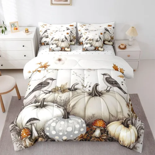 Vista 8 de Feelyou Fall Pumpkin Comforter Set with Sheets 7 Piece Twin Size Autumn Bed in a Bag Kids Boys Girls Pumpkin Maple Leaf Bedding Set Hummingbird Beig