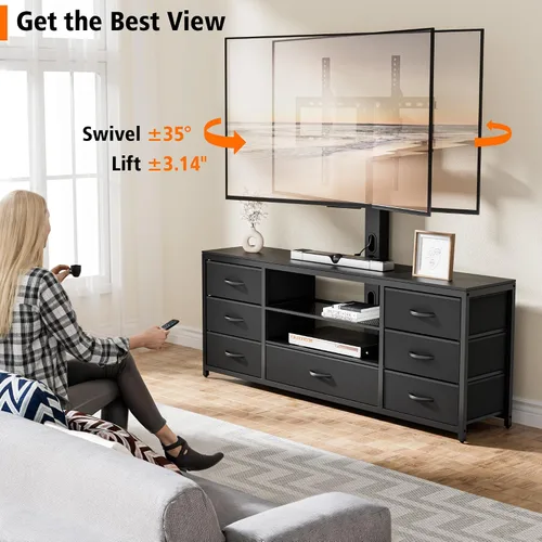 Vista 6 de Soporte de TV con soporte y 7 cajones de tela, centro de entretenimiento LED con tomas de corriente para televisores de 32, 45, 55, 60, 65, 70