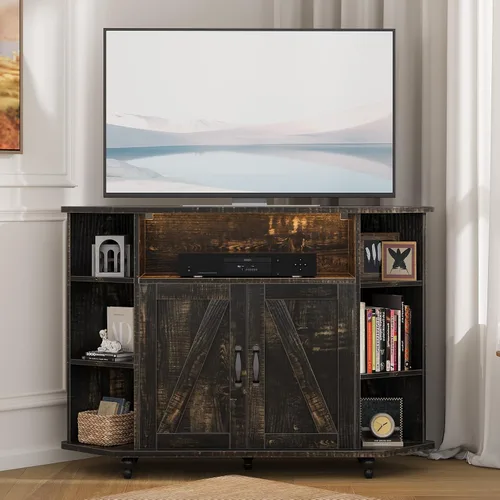 Vista 8 de 4 EVER WINNER Soporte de TV esquinero, gabinete de TV esquinero estilo granja con luces LED para TV de 50 pulgadas, estantes ajustables, soporte