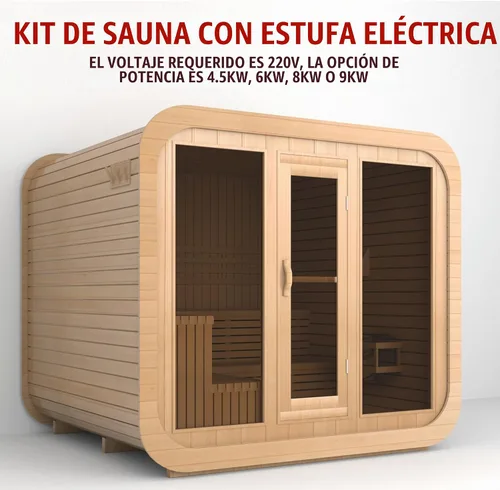 Vista 6 de Kit de sauna de cubo de madera de cedro rojo canadiense, personalizable, cuadrado, para exteriores, con porche, 220V, estufa eléctrica HARVIA
