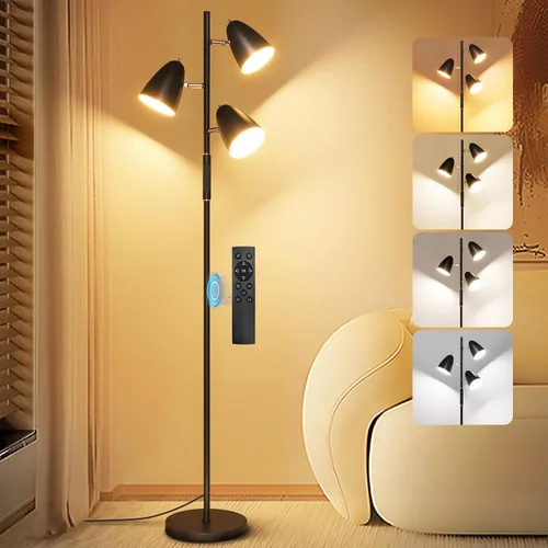 Vista 14 de QiMH Tree Floor Lamp with 3 Light Bulbs, Standing Tall Pole Lamps for Living Room Bedroom Office, Reading Stand up Lamps with 3 Adjustable Brushed