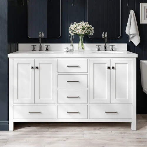 Vista 36 de ARIEL Cambridge tocador de baño con fregadero, madera maciza, encimera y protector contra salpicaduras de cuarzo blanco puro de 1.5 pulgadas